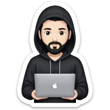 hackeur blanc cheveux noir barbe et capuche noir avec un macbook sticker