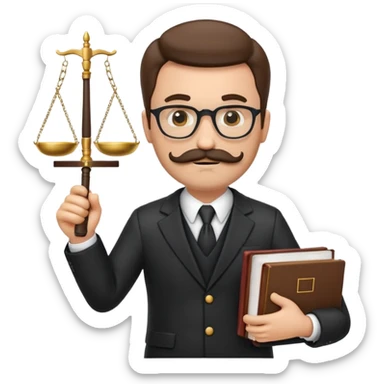 “Create a clean, modern emoji-style illustration of a male lawyer. He is wearing a formal suit jacket. He is holding a judge’s gavel in one hand and has a law book tucked under his arm. He has a mustache and beard!, and he is wearing glasses. sticker