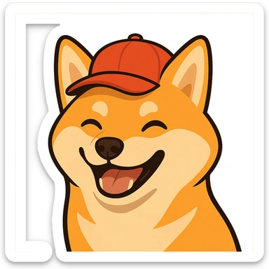 modern style Shiba Inu wearing a red hat, smiling, transparent background sticker