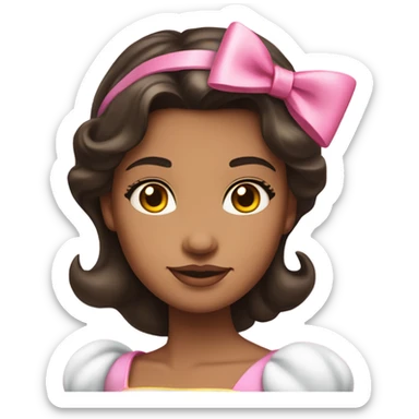 Dark hair, medium brown skin. Portrait selfie Snow White-princess pink normal dress and pink bow on head, yellow skin sticker