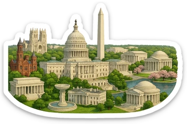 cinematic realistic emoji of Washington DC, wide city view with US Capitol, Washington Monument, Lincoln Memorial, Jefferson Memorial, White House, Smithsonian Castle, National Cathedral, Supreme Court, Tidal Basin with cherry blossoms, and Dupont Circle Fountain, lifelike detail, accurate colors, bright daytime lighting, no sky, no clouds, no city name label, transparent background sticker