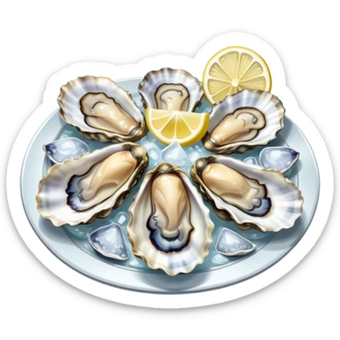 Cinematic fresh oysters on the half-shell, glistening with seawater, served with lemon wedges and ice, soft glowing highlights, elegant and luxurious. sticker