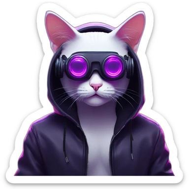 Russian cat wearing a black hoodie with "OMG" letters on it and VR headset in a cyberpunk VR environment with violet neon lighting. sticker