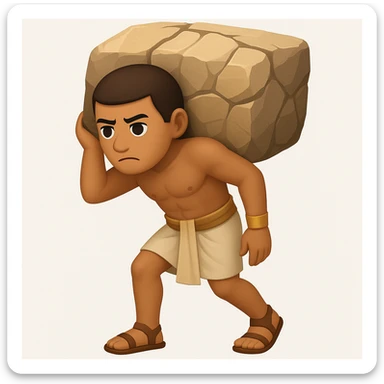 Create a fullbody ancient Egyptian worker, no fancy hat, carrying a rock block on their back, in a slightly different pose. The style should resemble emoji style with simple and concise features. sticker