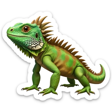 cinematic-iguana-realistic-full-body-basking-emoji,-long-scaly-body-stretched-out,-spiny-ridge-running-down-its-back,-textured-green-and-brown-skin-dappled-with-light,-sharp-intelligent-eyes-studying-the-surroundings sticker