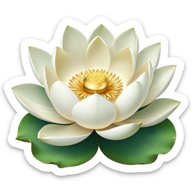 Pure white lotus flower with delicate pristine petals and golden center, accompanied by botanically accurate lotus leaf with distinctive notch and upturned edges sticker