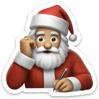 European Santa Claus is sitting on a desk, writing something down on a sheet of paper, solving complicated math puzzles sticker