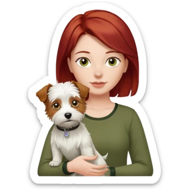 Westie dog being held by woman with dark shoulder length red hair and hazel eye wearing olive green top sticker