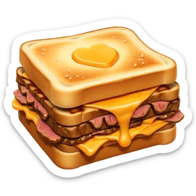 kavurma meat toasted sandwich object icon, grilled toasted bread, sautéed Turkish kavurma beef filling, melted cheese, juicy meat texture, golden brown crust, warm steam rising, 3D cartoon, mobile game icon style, centered, clean background, no text, no watermark sticker