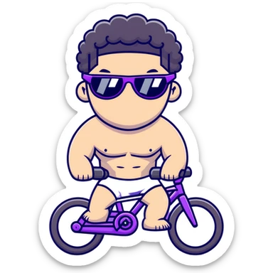 shirtless male athlete with white skin and moderately curly black hair on top with shaved sides, wearing purple bike sunglasses with black tinted lenses sticker
