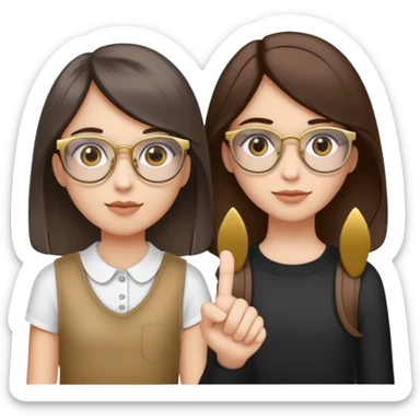 A girl with grey eyes, with medium hair and bleached in her brown hair holds the hand of another girl with longer dark brown hair , she wears gold glasses and both have braces sticker