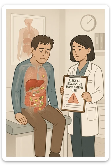a man sits on a doctor’s examination table, looking fatigued and uncomfortable. A transparent anatomical overlay reveals his liver and intestines, both appearing inflamed and congested, with stylized supplement capsules and pills scattered throughout the digestive tract. The doctor stands nearby, holding a chart that highlights the risks of excessive supplement use. The mood is clinical and educational. sticker