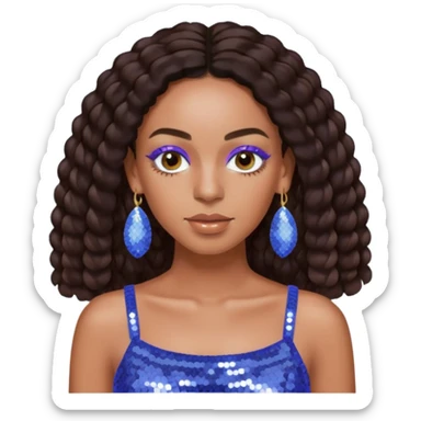Solange with dark brown long hair, periwinkle sequin crop top, periwinkle earring sticker
