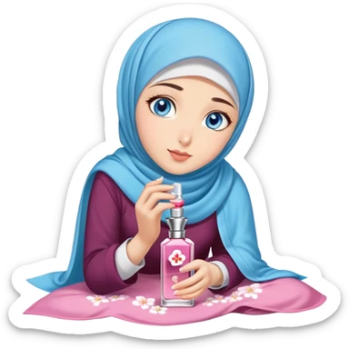 Turkish beautiful finish Konya girl blue eyes with sakura hijab smells perfume on the floor  sticker