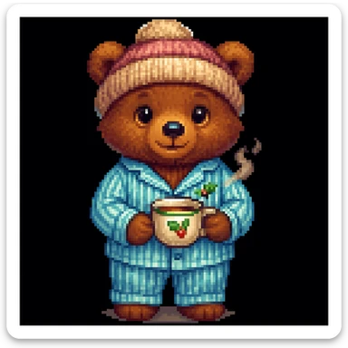 A bear in pajamas, pixel art style, holding a cup of tea, with a hat sticker