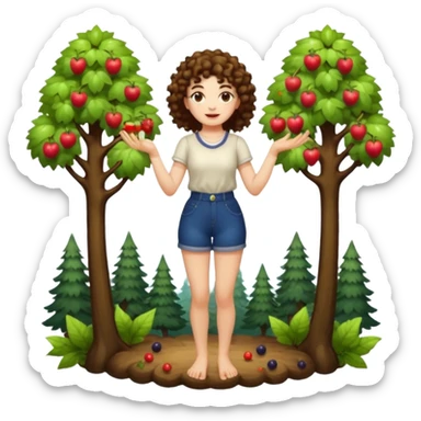 full body woman short curly brown mullet hair brown eyes white skin juggling glowing forest fruits sticker