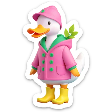 A duck wearing a pink hooded coat with green buttons and a green leaf on the chest, and yellow boots. The background is plain and light pink with pink hearts sticker