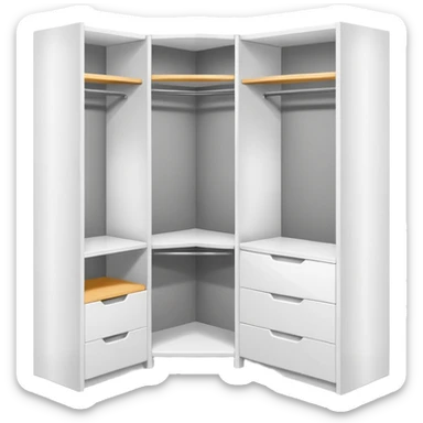 Glossy white PVC corner closet with L-shaped design, fitted into a sharp room corner. Clean, simple shelves and smooth panels with subtle shadows to show depth. Minimalist look with modern vibes, no handles or textures, emoji-style with bright highlights and soft gray edges to define structure. sticker