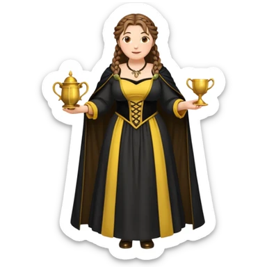Helga Hufflepuff,brown-haired,2 braids,yellow-black medieval open dress,deep neckline,fat macromastia,black cloak decorated with gold braiding,gold cup with two handles,very kind smile,curvy busty sweet woman,round rosy cheeks,full length with medieval shoes sticker