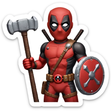 Deadpool holding thors hammer sticker