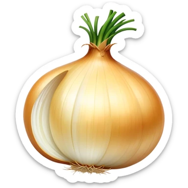 Cinematic crisp white onion, slightly peeled to reveal smooth layers, warm golden tones, rustic and fresh, soft glowing highlights. sticker