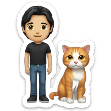 white man with shoulder length black hair holding a ginger cat sticker