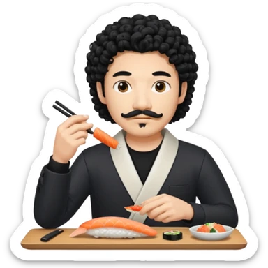 un coreano che taglia sushi con i baffetti capelli ricci e lunghi  neri con un IQOS in mano  sticker