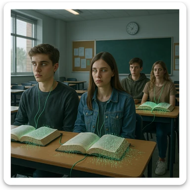 modern classroom, students with absent gaze and digital wires connected to books, pages dissolving into Matrix code, collective hypnosis atmosphere, realistic details, 4K quality sticker