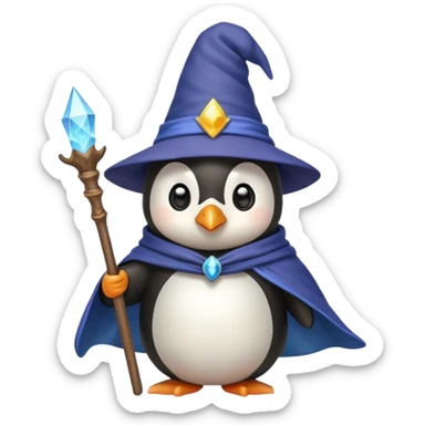 cute penguin holding a staff wearing a wizard cloak and hat, emoji style sticker