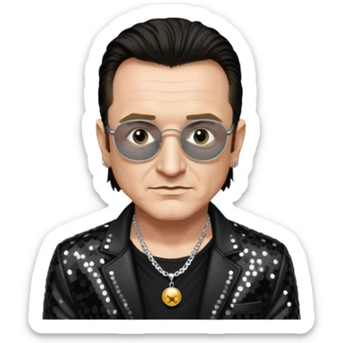 Bono from U2 with black sequin jacket, silver necklace sticker
