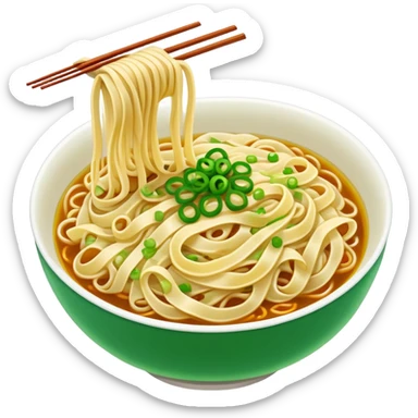 Shanghai Scallion Oil Noodles with green onion topping, simplified emoji style with bold outlines and bright colors, cartoon style simple Cong You Ban Mian sticker