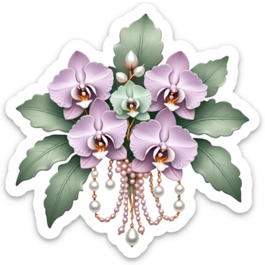 sage green and rose gold and pastel lilac and white embellished pearl baroque orchid flower bouquet sticker