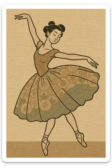 ballerina, 2D illustration style, ukiyo-e sticker