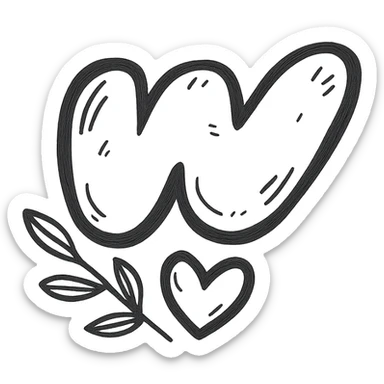 plump juicy Wattpad logo 'w' with bold outline, stylized shadows and highlights, leafy branch and heart at the base of the logo sticker