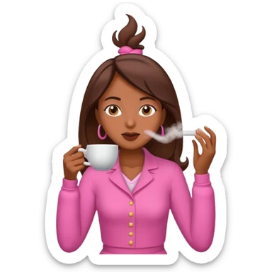 Mulher morena tomando café  com roupa rosa esfriando o café  sticker