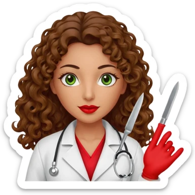 Spanish sexy evil woman. She has green eyes.  had brown long curly hair.  evil surgeon kills with scalpel wears red sexy doctor coat with red long mouth cover red gloves.  sticker