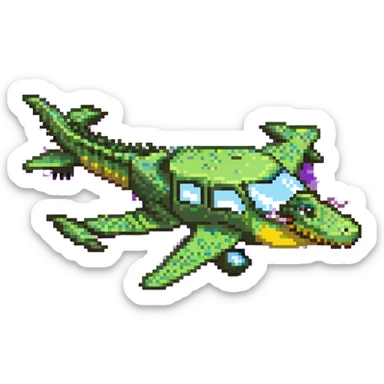 cartoon crocodile-airplane hybrid, side view, green and yellow colors sticker