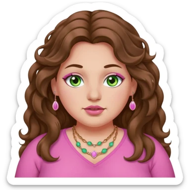 Brown wavy long hair, light green eyes, nose ring, plus size, pink girly sticker