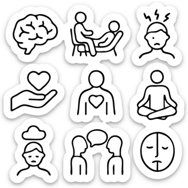 Mental Health icon set. Wellness and psychology related line icons: brain, therapy, stress, support, self-care, mindfulness, meditation, depression, counseling and emotion . Editable stroke.
 sticker