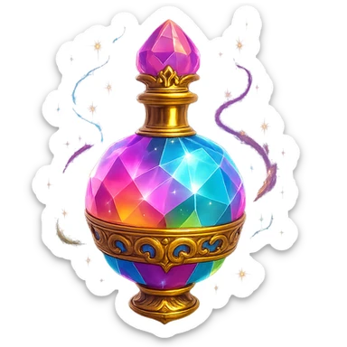 very luxurious crystal colorful chewing gum style elixir bottle, bright colors, lots of glow, edges, ornaments, golden details, magical effects, very small golden neck, transparent background, beautiful connected bottom, clearly floating in air, no base or shadow, premium class, playful, matching the collection sticker