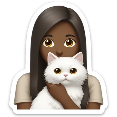 Dark brown straight hair girl with holding fluffy Siberian white cat  sticker