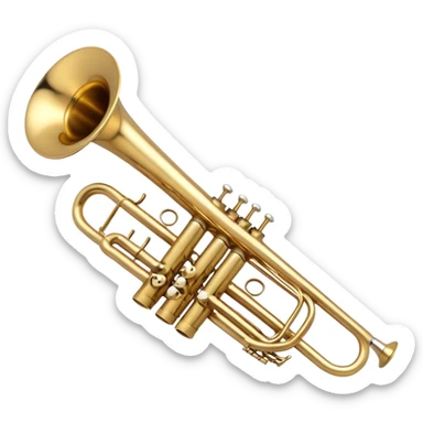 Create a sleek and professional emoji representing a Stomvi trumpet. The design should showcase the shiny, polished brass body of the trumpet with its distinct bell, valves, and tuning slides. Highlight the intricate keywork and the valve pistons, with detailed metallic accents and subtle reflections on the surface. The mouthpiece should be visible at the top of the instrument. Use golden and brass tones with light reflections to emphasize the smooth, high-quality finish. Add a few musical notes floating around the trumpet to evoke its bright and resonant sound. The background should be transparent. sticker