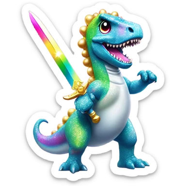 Lisa frank glitter rainbow cute dinosaur with sword and pearls sticker