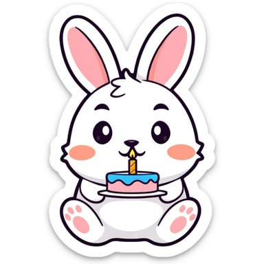 rabbit blowing out birthday cake candles, cartoonish sticker style sticker