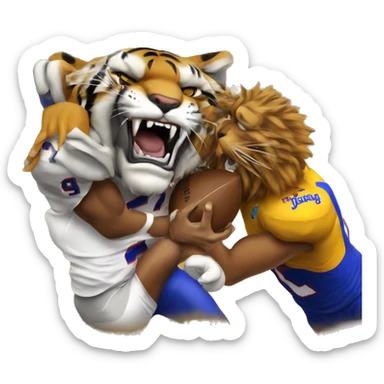 A Missouri tiger beating on a kansas Jayhawk sticker