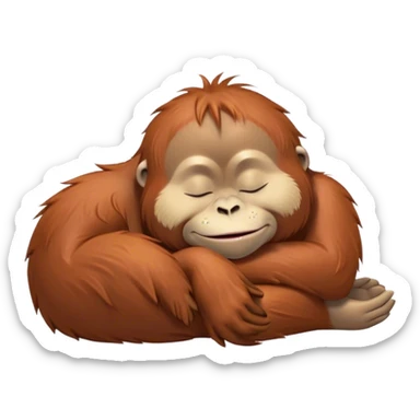 Meme-Worthy cute Sleeping Orangutan Portrait Emoji, Head resting peacefully with a contented smile, showcasing luxuriously soft fur and eyes gently closed in serene slumber, Simplified yet comically adorable features, highly detailed, glowing with a soft, drowsy jungle light, high shine, relaxed and utterly lovable, stylized with an air of playful laziness, bright and heartwarming, soft glowing outline, capturing the essence of a sleeping orangutan that feels destined to become the next viral icon of adorable rest! sticker