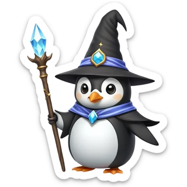 cute penguin wizard with a magical staff and a pointy hat sticker