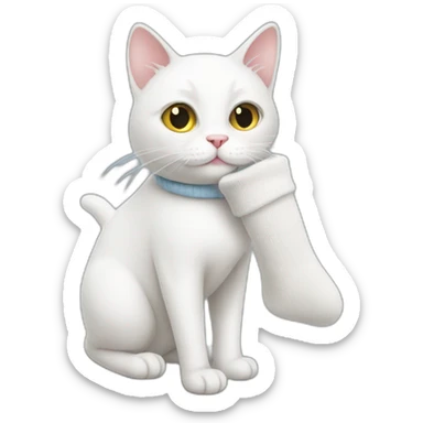White cat carrying a sock on his mouth sticker