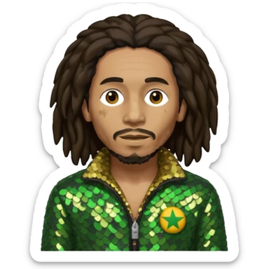 Bob Marley with long dark brown hair, olive sequin outfit sticker