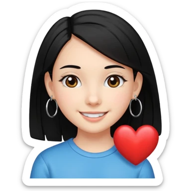 a young 8th grade school girl, with fair skin, heart shape face, has medium length straight black hair and with hoops earrings. sticker
